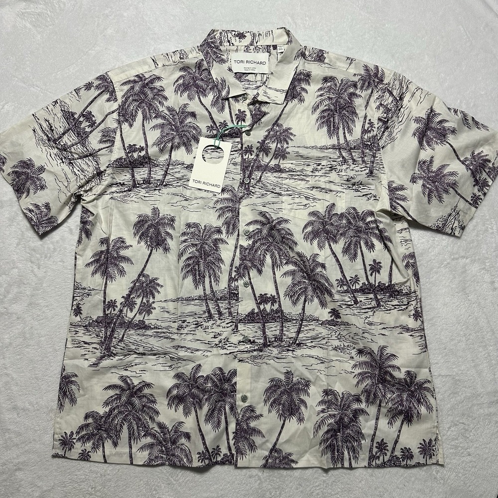 Tori Richard 2XL Aloha Shirt Cotton Coastal Engraving Purple Palm Tree Scenic